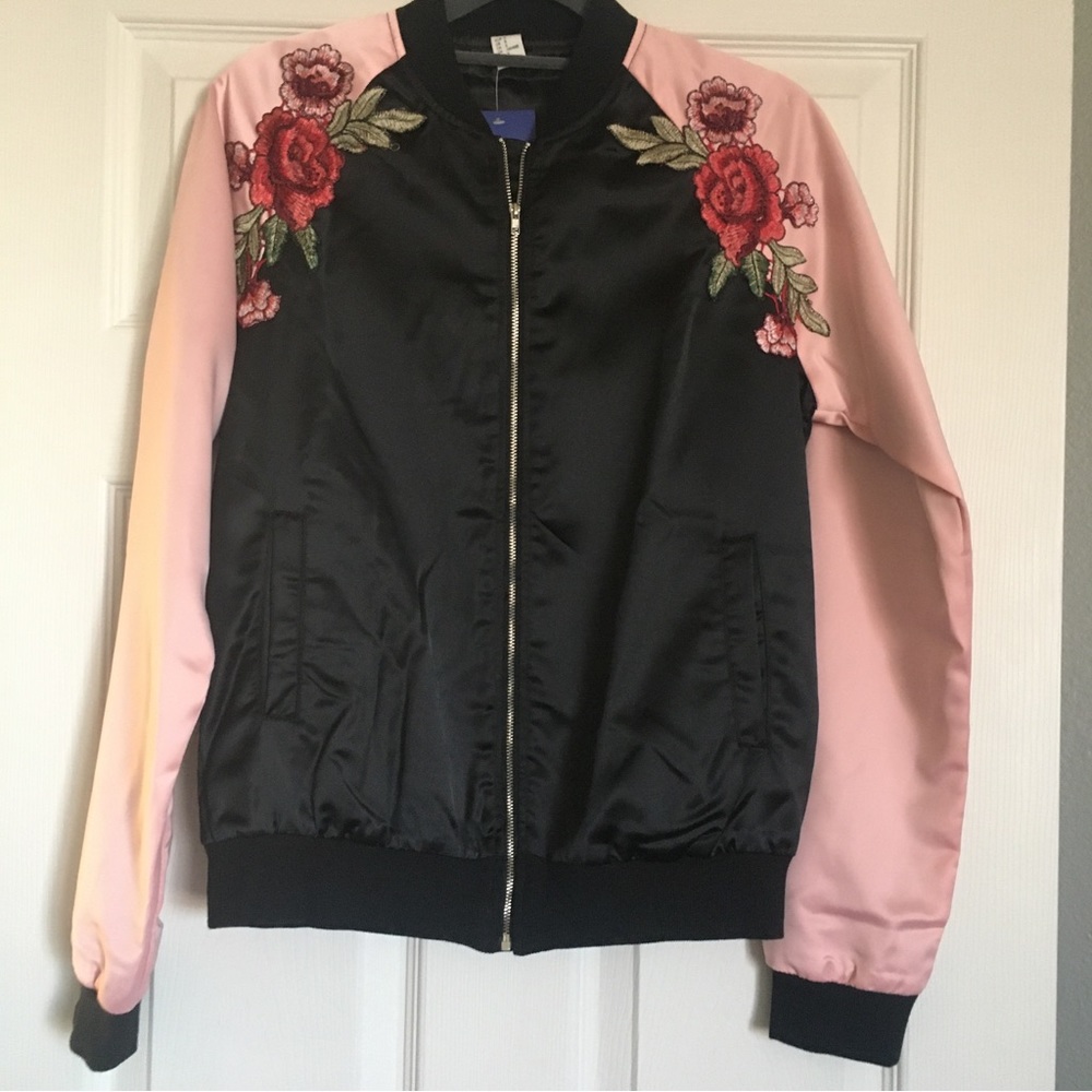 NWT Black & Pink Silky Embroidered Floral Bomber Jacket, Size Small